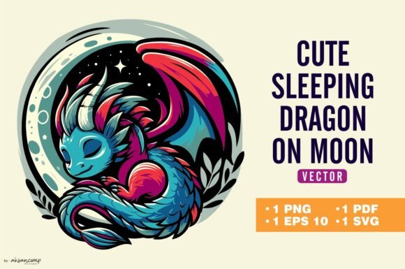 Download Cute Sleeping Dragon on Crescent Moon - Pin Collection